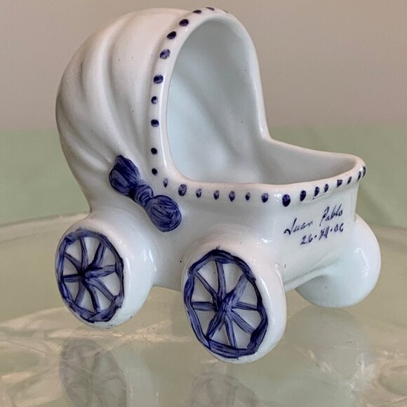 Vintage Baby Buggy Ceramic Planter Stroller Pram Hand Painted Newborn Boy Gift - Picture 6 of 13